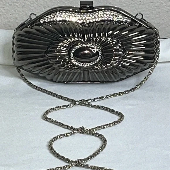 Metallic Chrome Silver Gray Diamond Rhinestone Hard Shell Metal Bag Chain Strap - Picture 9 of 16